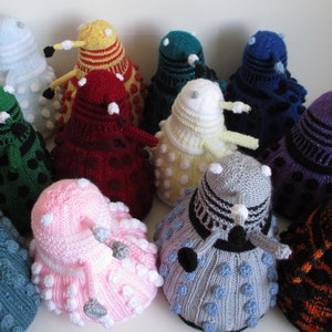 Hand Knitted Dalek in a variety of colourways. You choose the colour for your Dalek