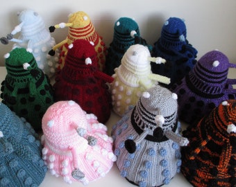 Hand Knitted Dalek in a variety of colourways. You choose the colour for your Dalek