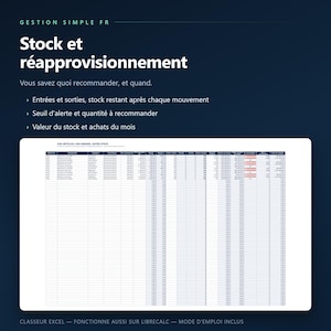 Op de afbeelding: Een digitaal spreadsheet-sjabloon voor voorraadbeheer met de titel Stock et réapprovisionnement. Het bevat kolommen voor productdetails, voorraadniveaus, waarschuwingsdrempels en bestelhoeveelheden op een donkerblauwe achtergrond.