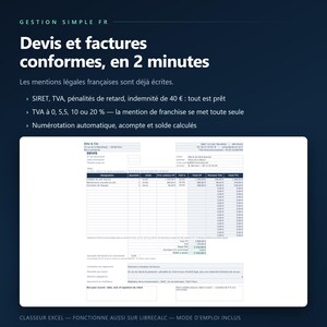 Op de afbeelding: Een digitaal documentsjabloon voor offertes en facturen getiteld GESTION SIMPLE FR. De tekst benadrukt functies zoals automatische nummering, belastingberekeningen en wettelijke naleving. Een voorbeeld van een factuurformulier is weergegeven.