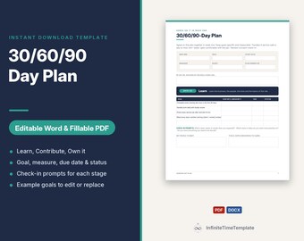 Szablon planu na 30, 60 i 90 dni | Cele wdrażania nowych pracowników | Edytowalny plik Word i plik PDF do wypełnienia