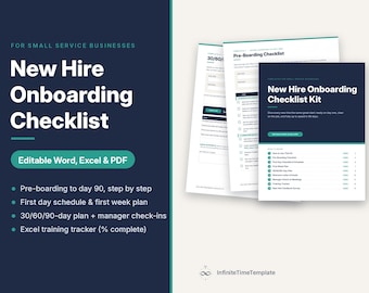 New Hire Onboarding Checklist, Employee Training Tracker, 30 60 90 Day Plan, First Week Schedule, Word Excel PDF