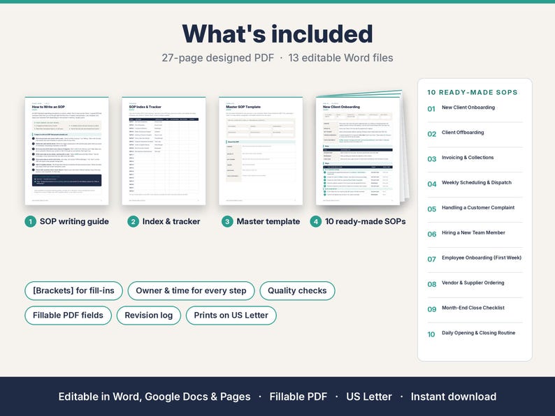 SOP Template Pack, 10 Editable Standard Operating Procedures, Operations Manual, Word & PDF, Small Business image 2
