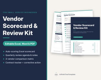 Vendor Scorecard Excel Template, Supplier Evaluation & Comparison Matrix, Contract Tracker, Corrective Action Form, Word PDF