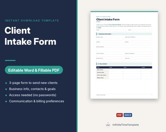 Szablon formularza przyjęcia klienta | Edytowalny plik Word i wypełnialny plik PDF | Kwestionariusz powitalny dla nowego klienta