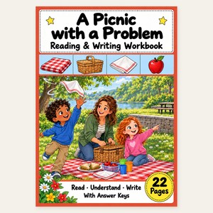 May include: A reading and writing workbook titled A Picnic with a Problem featuring a cover illustration of two children and an adult on a red checkered blanket outdoors. The workbook includes 22 pages, answer keys, and colourful picnic icons.