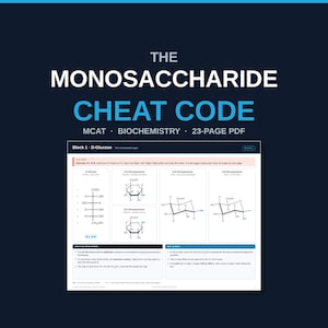 Könnte beinhalten: Ein 23-seitiger PDF-Studienleitfaden mit dem Titel The Monosaccharide Cheat Code für MCAT-Biochemie. Das Dokument enthält eine Seite über D-Glucose mit chemischen Strukturen, einschließlich offener und ringförmiger Formen, sowie erklärendem Text.