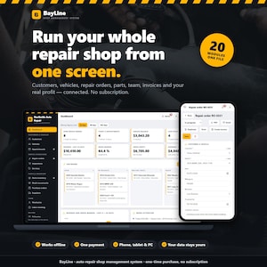 Könnte beinhalten: Eine digitale Anzeige, die die Benutzeroberfläche des BayLine Werkstatt-Managementsystems auf einem Laptop und Smartphone zeigt. Das Dashboard enthält Daten zu Reparaturaufträgen, Umsätzen und Terminen.