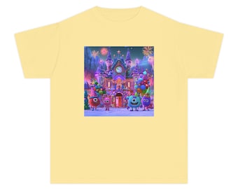 Schattige monsters voor oudejaarsavond, magisch besneeuwd kasteel, vuurwerk, kleurrijke fantasievolle cartoonkunst, speelse decoratie voor kinderfeestjes en feestdagen