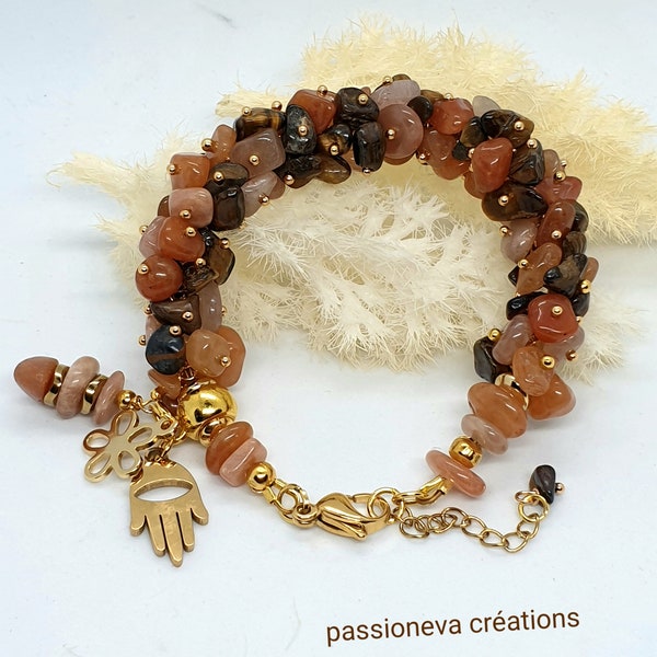Bracelet mode perles chips semi précieuses agate et œil de tigre montées sur tiges perles et apprêts dorés sans nickel.