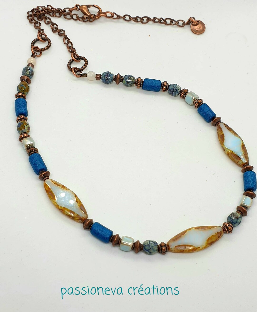 Collier Ras De Cou Perles Bleues - Pâte De Verre Style Années 80 - Occasion
