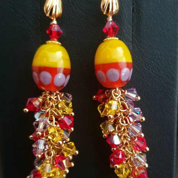 Boucles d'oreilles perles en verre filé jaune rouge perles swarovski apprêts dorés sans nickel.