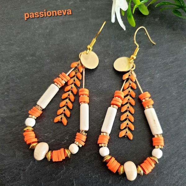 Boucles d'oreilles forme goutte créoles métal or perles heishi orange corne