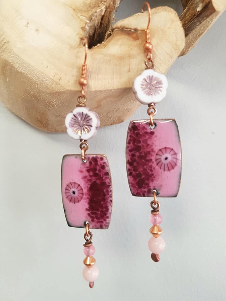 Boucles D'oreilles Taratata - Métal Cuivré émaillé Et Perles, Multicolore