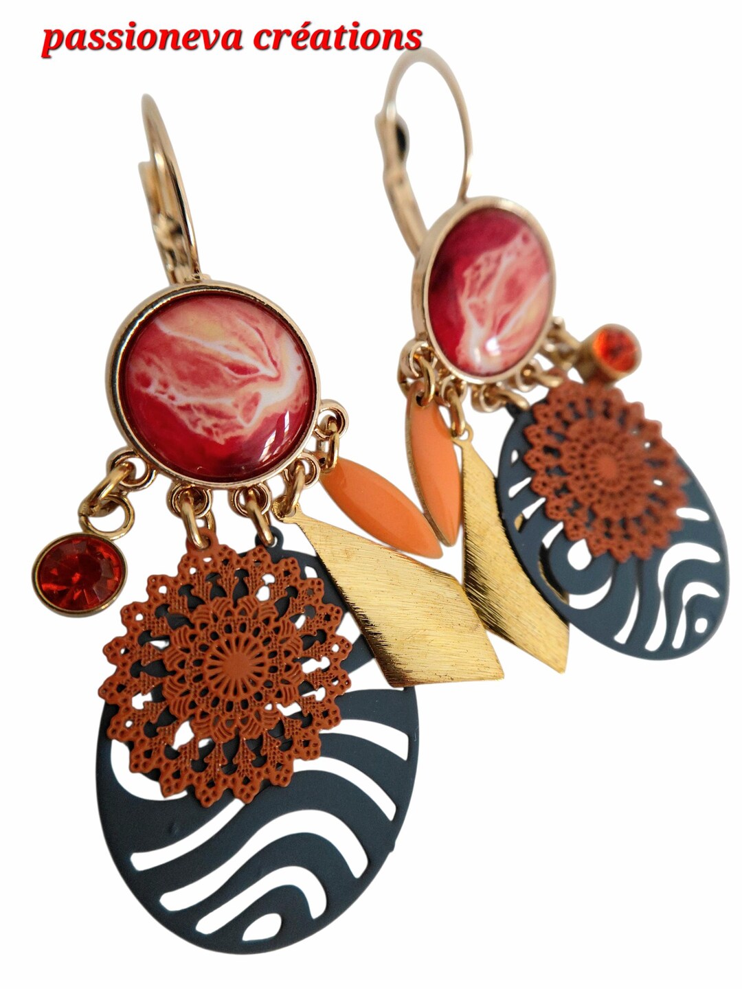 Boucles D'oreilles Clips Vintage Dorées Avec Cabochon émail Limoges - Bon état