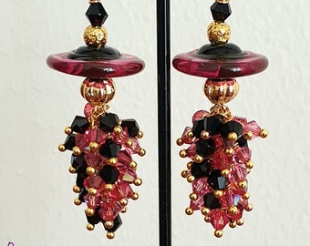 Boucles d'oreilles  verre filé forme soucoupe rose noir- perles swarovski-