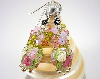 Fleurette earrings Silver 925/lampwork/swarovski/beads of art. artisanat.fait hand.