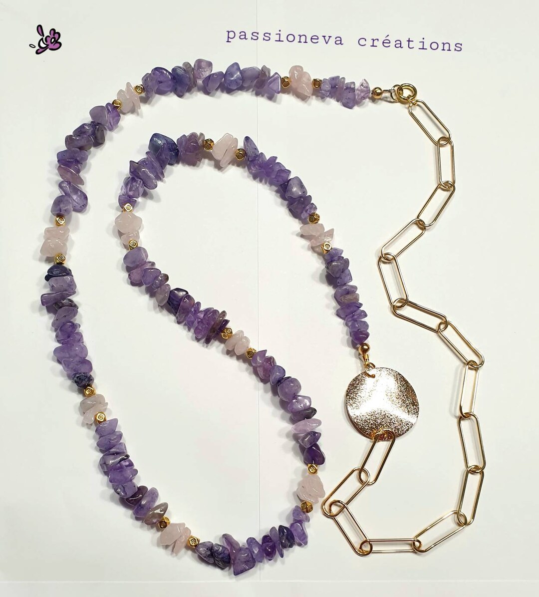 Collier Femme Perle Améthyste 8mm - Chaîne Acier Inoxydable - A Bijoux