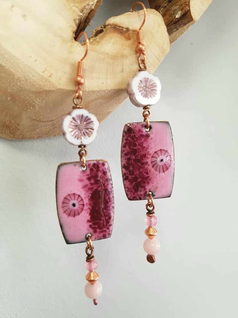 Boucles D'oreilles Pendantes En Cuivre émaillé écru, Orange, Marron - Style Rustique Boucles En Caux