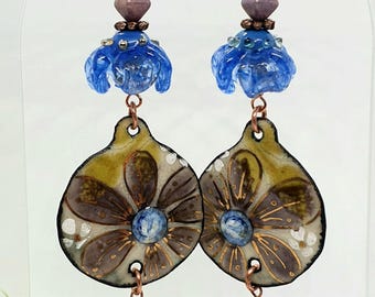 Floral earrings with enamel charms, spun glass beads, Czech beads, copper fittings.