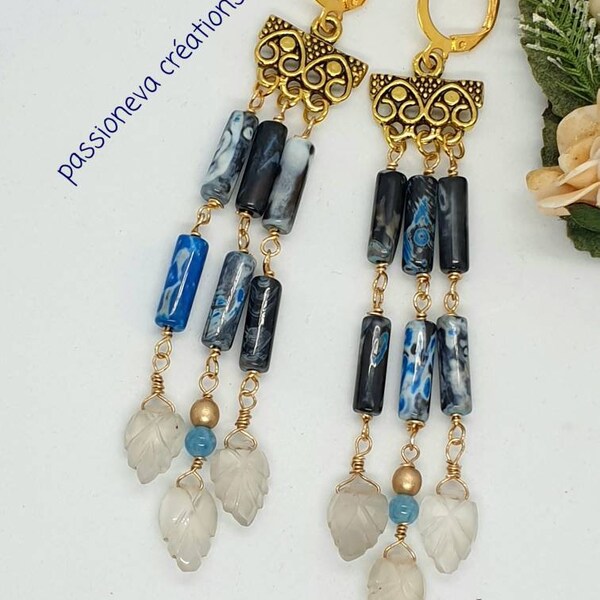 longues boucles d'oreilles de 9cm connecteurs chandeliers perles pierre de lune /agate