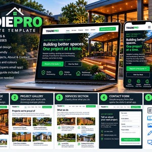 May include: A TradiePro website template for builders, decking, and landscaping businesses displayed on a laptop and smartphone. The design features green and white text, a project gallery, services section, and contact form.