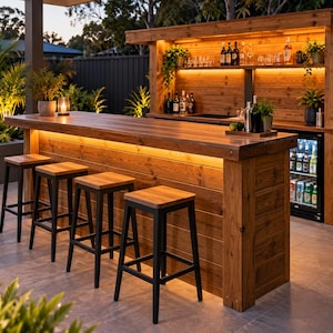 May include: A wooden outdoor bar with a horizontal plank design, illuminated by warm LED strip lighting. The bar features a matching wooden back counter with shelves holding various glass bottles and glassware, plus a small under-counter refrigerator.