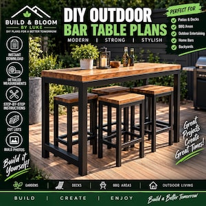 May include: A rectangular outdoor bar table with a thick wooden top and black metal frame, accompanied by four matching square stools. The table surface holds a small potted plant, a black lantern with a candle, and two glass bottles.