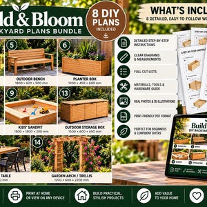 Könnte beinhalten: Ein Build & Bloom DIY-Gartenbauplan-Paket mit 8 Holzbauprojekten, darunter ein Hochbeet, eine Gartenbank, ein Pflanzkasten, ein Kaminholzregal, ein Sandkasten, eine Aufbewahrungsbox, ein Gartentisch und ein Gartenbogen mit metrischen Maßen.