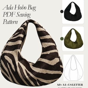 Op de afbeelding: SEWFILESTUDIO Ada Hobo Bag PDF Sewing Pattern. Een grote hobo-tas met een bruin en beige zebramotief. Twee kleine afbeeldingen tonen de tas in effen zwart en olijfgroen. Een lijntekening toont de vorm van de tas. A0, A4, US Letter.