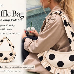 May include: A digital PDF sewing pattern for a Ruffle Bag. The design features a cream-colored crescent-shaped shoulder bag with large black polka dots and a ruffled trim along the bottom edge. The pattern includes instructions for A4 and US Letter printing.