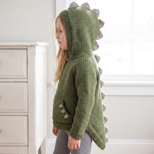 May include: A knitted olive green hooded sweater featuring a row of light gray triangular spikes running from the top of the hood down the back. The sweater includes a front pocket with small gray triangular accents and long sleeves.