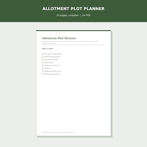 May include: A white A4 PDF document titled Allotment Plot Planner with dark green text. The page lists contents including a plot map, planting plans, crop rotation, monthly jobs, harvest logs, spend logs, weather notes, and future change plans.