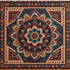 May include: A square wall hanging quilt featuring a central mandala design with intricate floral and geometric patterns in deep navy, teal, orange, and cream. The border is decorated with small pom-poms and a repeating floral motif.