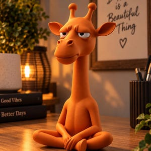 Op de afbeelding: Een gladde oranje giraffefiguur met een lange nek en expressieve ogen, afgebeeld in een zittende positie met gekruiste benen en de handen op de schoot. De giraf heeft een neutrale, kalme gezichtsuitdrukking en een egale matte afwerking.