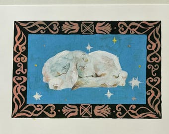 May include: A rectangular art print featuring a sleeping white lamb centered on a bright blue background with scattered white and yellow stars. The illustration is enclosed in a decorative black border with pink floral patterns.