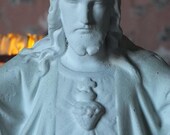 Antiqu shabby chic timeworn armless religious chalkware statue Jesus Christ Holly Heart prayer garden altar decor church whitewashed plaster