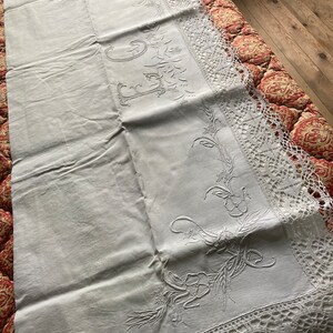 Antique embroidered bedsheet with monogram and wide bobbin lace trim shabby chic precious French dowry linen Edwardian etiquette chateau image 9