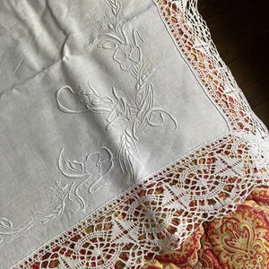 Antique embroidered bedsheet with monogram and wide bobbin lace trim shabby chic precious French dowry linen Edwardian etiquette chateau image 7