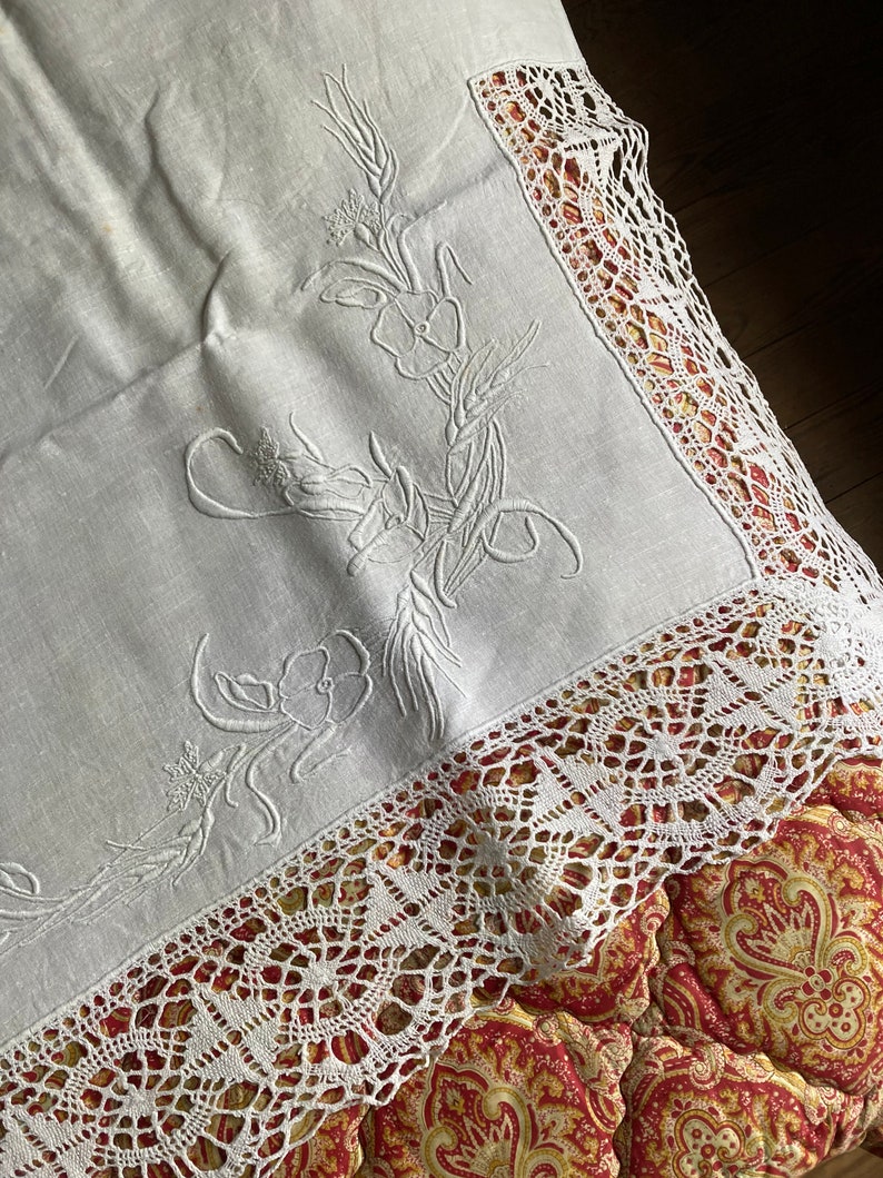 Antique embroidered bedsheet with monogram and wide bobbin lace trim shabby chic precious French dowry linen Edwardian etiquette chateau image 7