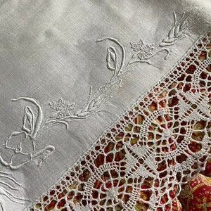 Antique embroidered bedsheet with monogram and wide bobbin lace trim shabby chic precious French dowry linen Edwardian etiquette chateau image 3