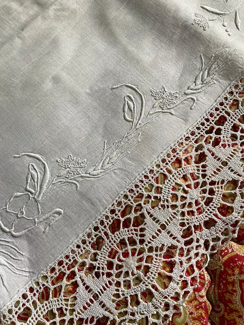 Antique embroidered bedsheet with monogram and wide bobbin lace trim shabby chic precious French dowry linen Edwardian etiquette chateau image 3