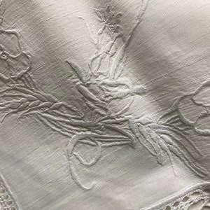 Antique embroidered bedsheet with monogram and wide bobbin lace trim shabby chic precious French dowry linen Edwardian etiquette chateau image 10