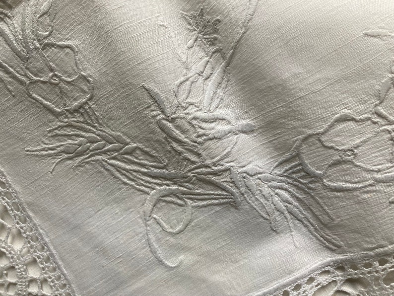 Antique embroidered bedsheet with monogram and wide bobbin lace trim shabby chic precious French dowry linen Edwardian etiquette chateau image 10