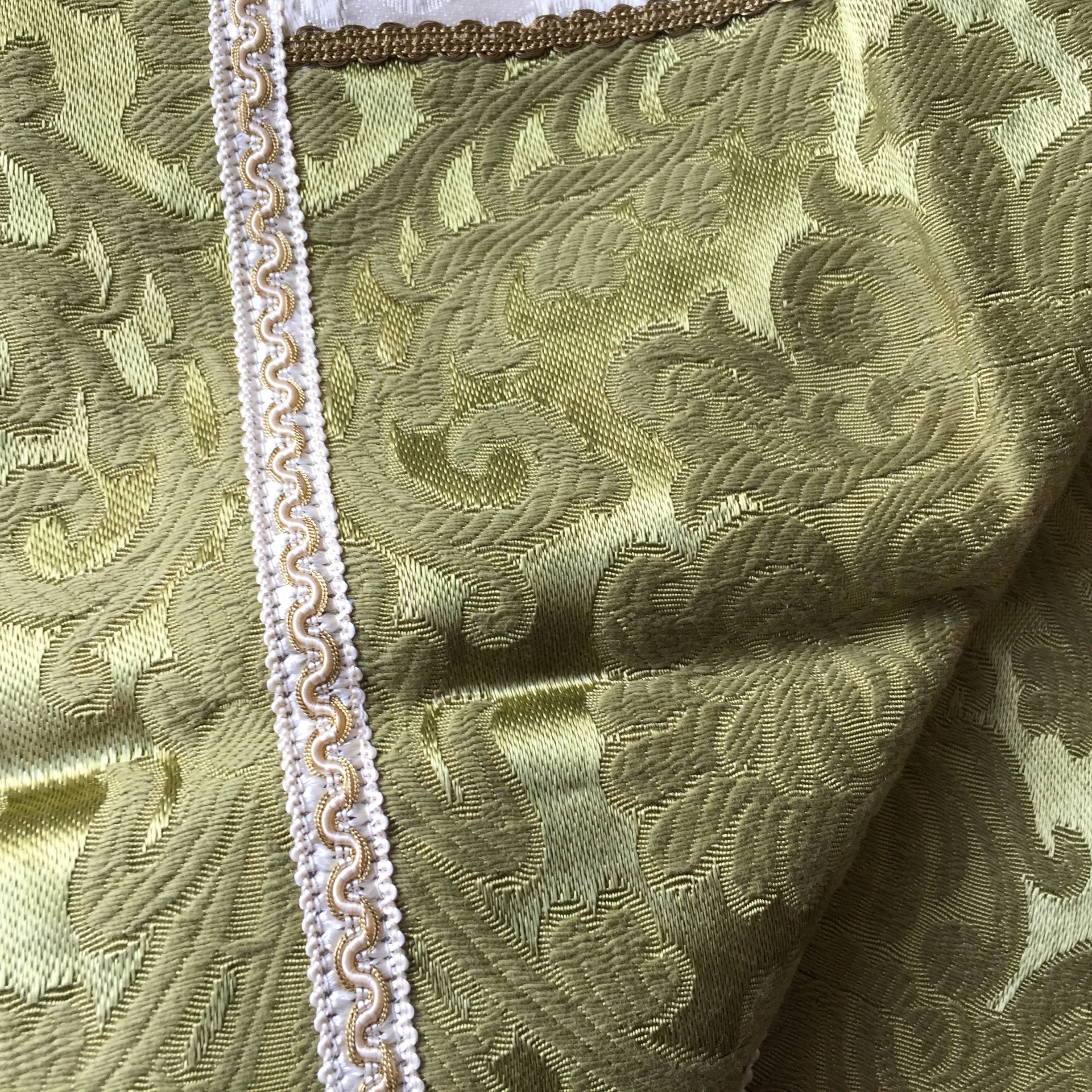 vintage doily precious silk damask fabric French antique chateau style Paris bourgeoise home decor gold metallic trim lace fringe
