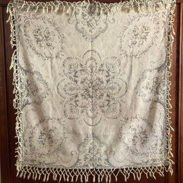 Antique Français tapisserie château boudoir nappe w macramé frange shabby chic fin luxueux tissu édouardien