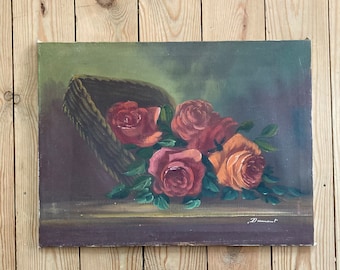Antique French painting still life with flowers red roses shabby chic romantic chateau home interior decor signed Dumont