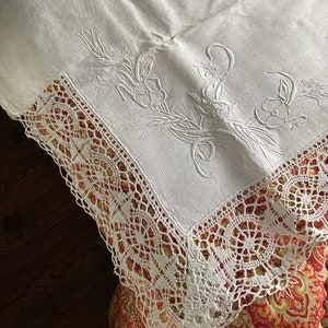 Antique embroidered bedsheet with monogram and wide bobbin lace trim shabby chic precious French dowry linen Edwardian etiquette chateau image 2