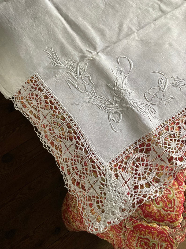 Antique embroidered bedsheet with monogram and wide bobbin lace trim shabby chic precious French dowry linen Edwardian etiquette chateau image 2