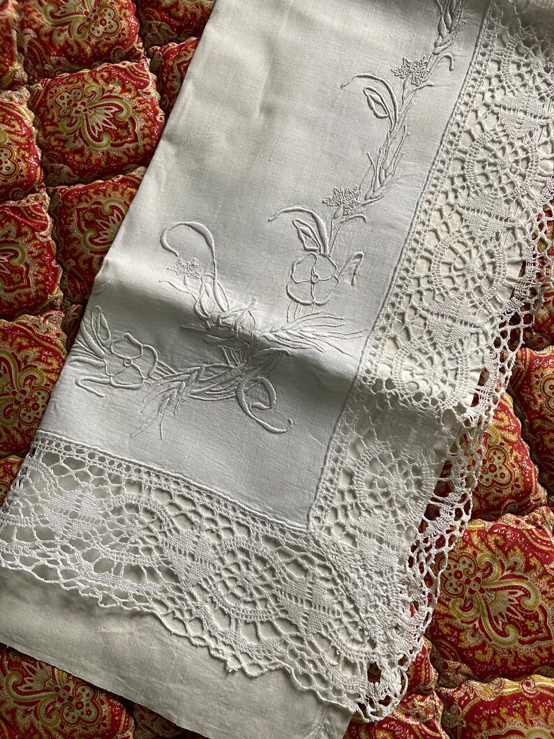 Antique embroidered bedsheet with monogram and wide bobbin lace trim shabby chic precious French dowry linen Edwardian etiquette chateau image 8